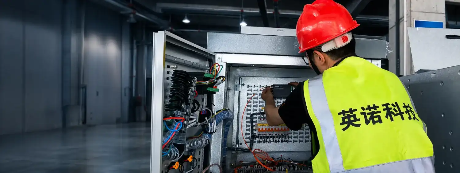 Engineer reviewing a legacy electrical cabinet for fiber optic temperature monitoring retrofit